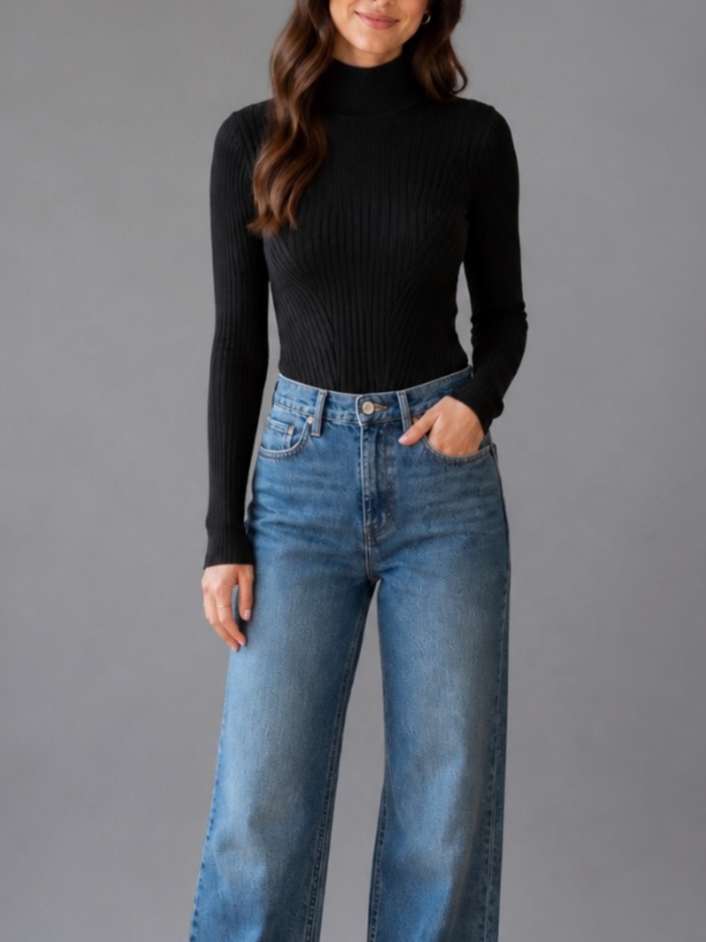 Ami Black Ribbed Mock Neck Long Sleeve XS